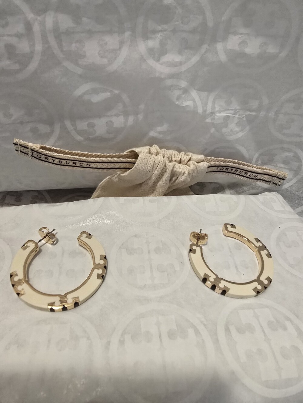 Tory Burch Cream Logo Cutout Hoop Earrings